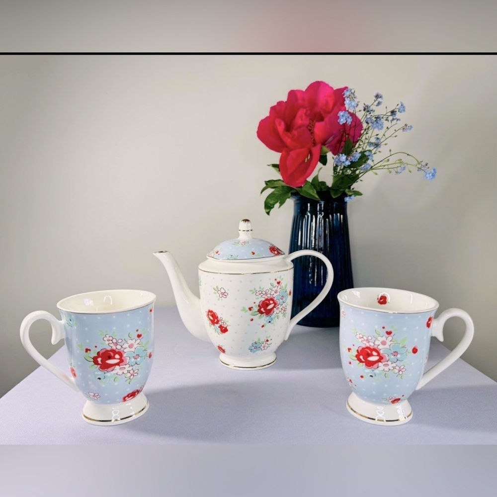 Grace Teaware fine porcelain shabby chic floral tea pot and 2 cups new